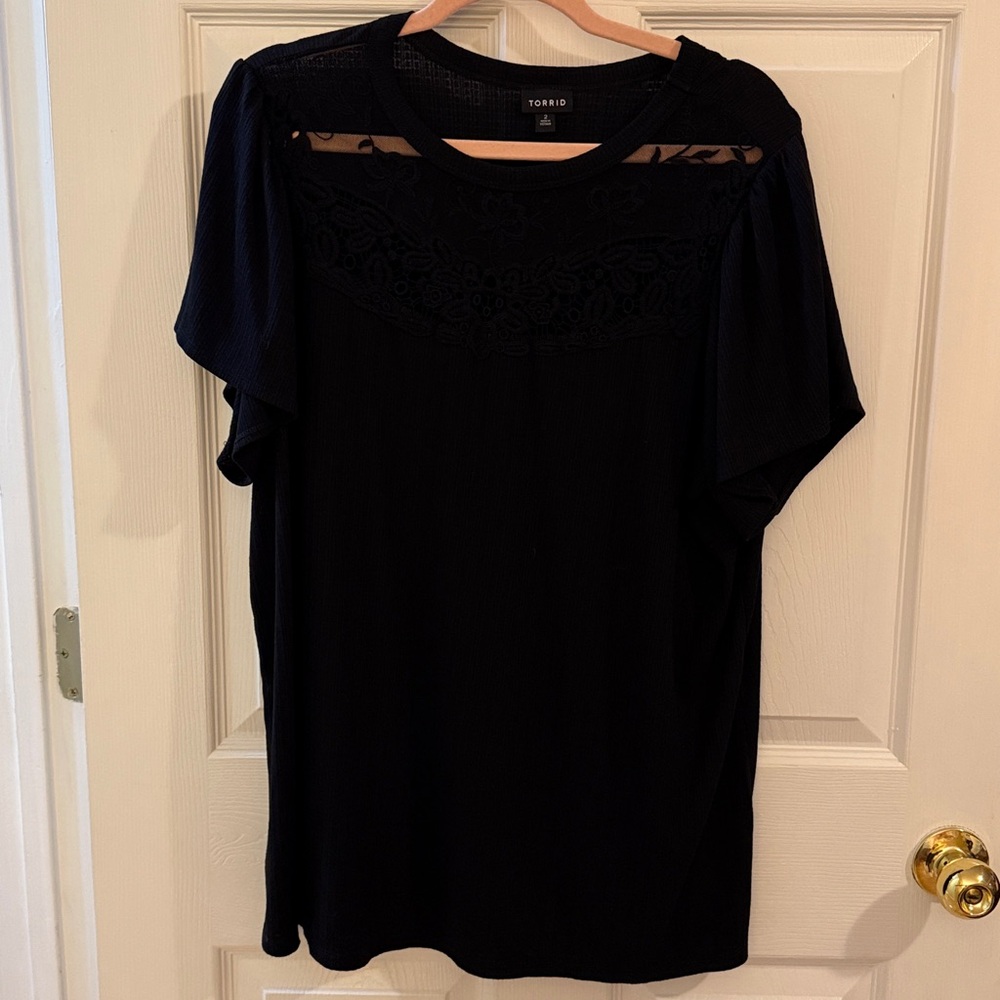 Torrid Plus Size Short Sleeve Black Top with Lace Accents 2X
